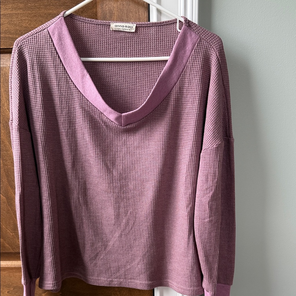 Anna-Kaci Women's Pink V-Neck Waffle Knit Top